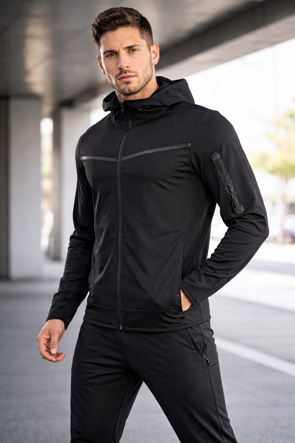 vyriškas sportinis kostiumas su gobtuvu treniruotėms
